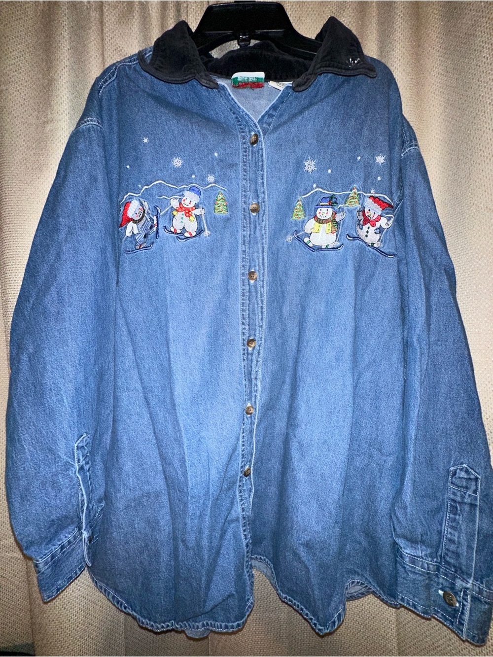 Vintage Nutcracker Plus Size Denim Skiing Snowman Embroidered Long Sleeve EUC